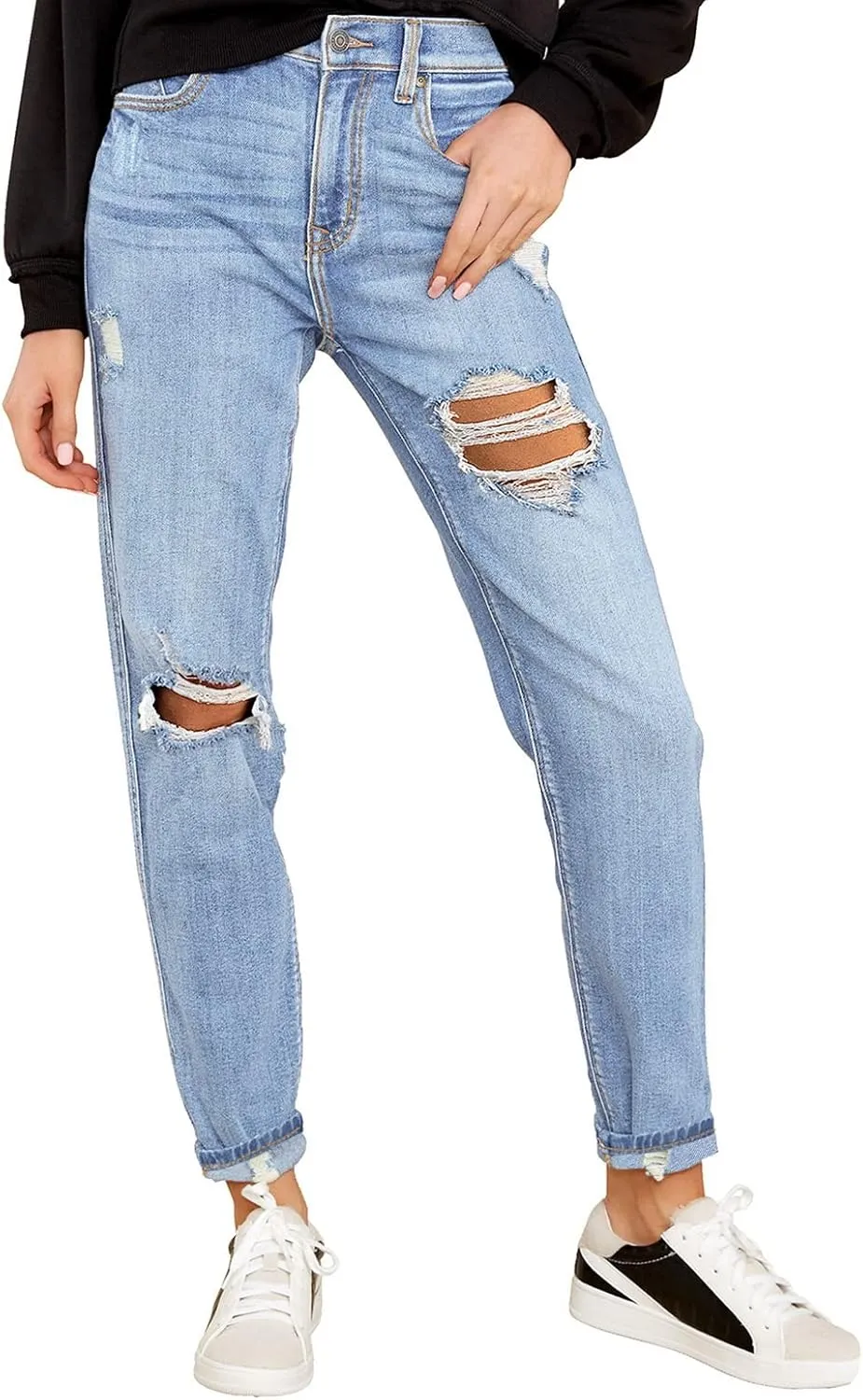 GRAPENT Women's Casual High Waisted Mom Jeans Ripped Stretchy Tapered Denim Pants