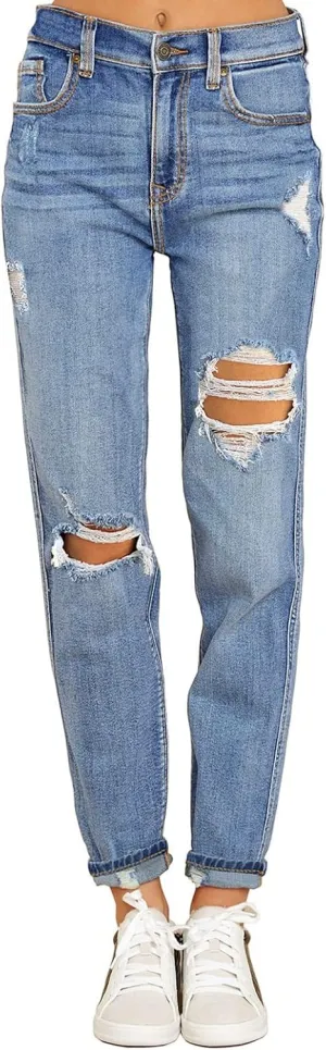 GRAPENT Women's Casual High Waisted Mom Jeans Ripped Stretchy Tapered Denim Pants