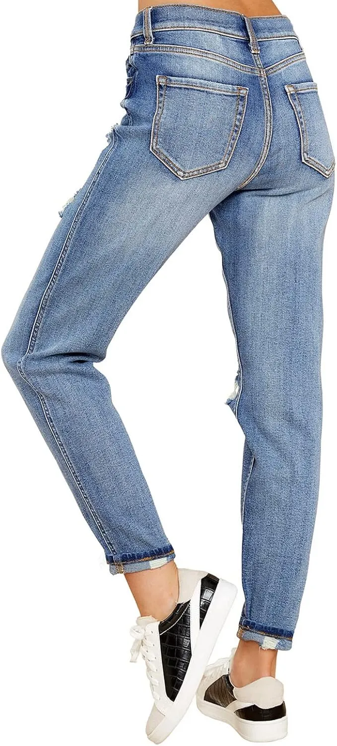 GRAPENT Women's Casual High Waisted Mom Jeans Ripped Stretchy Tapered Denim Pants