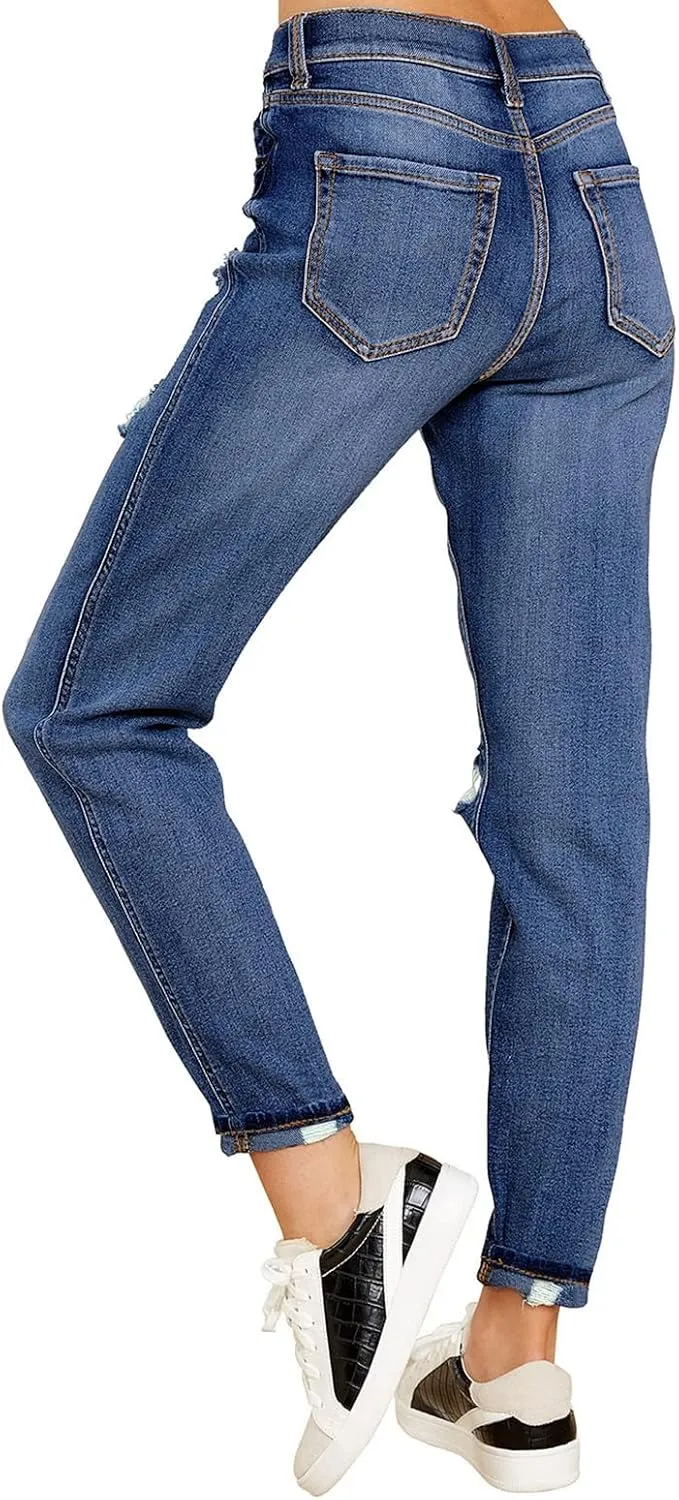GRAPENT Women's Casual High Waisted Mom Jeans Ripped Stretchy Tapered Denim Pants