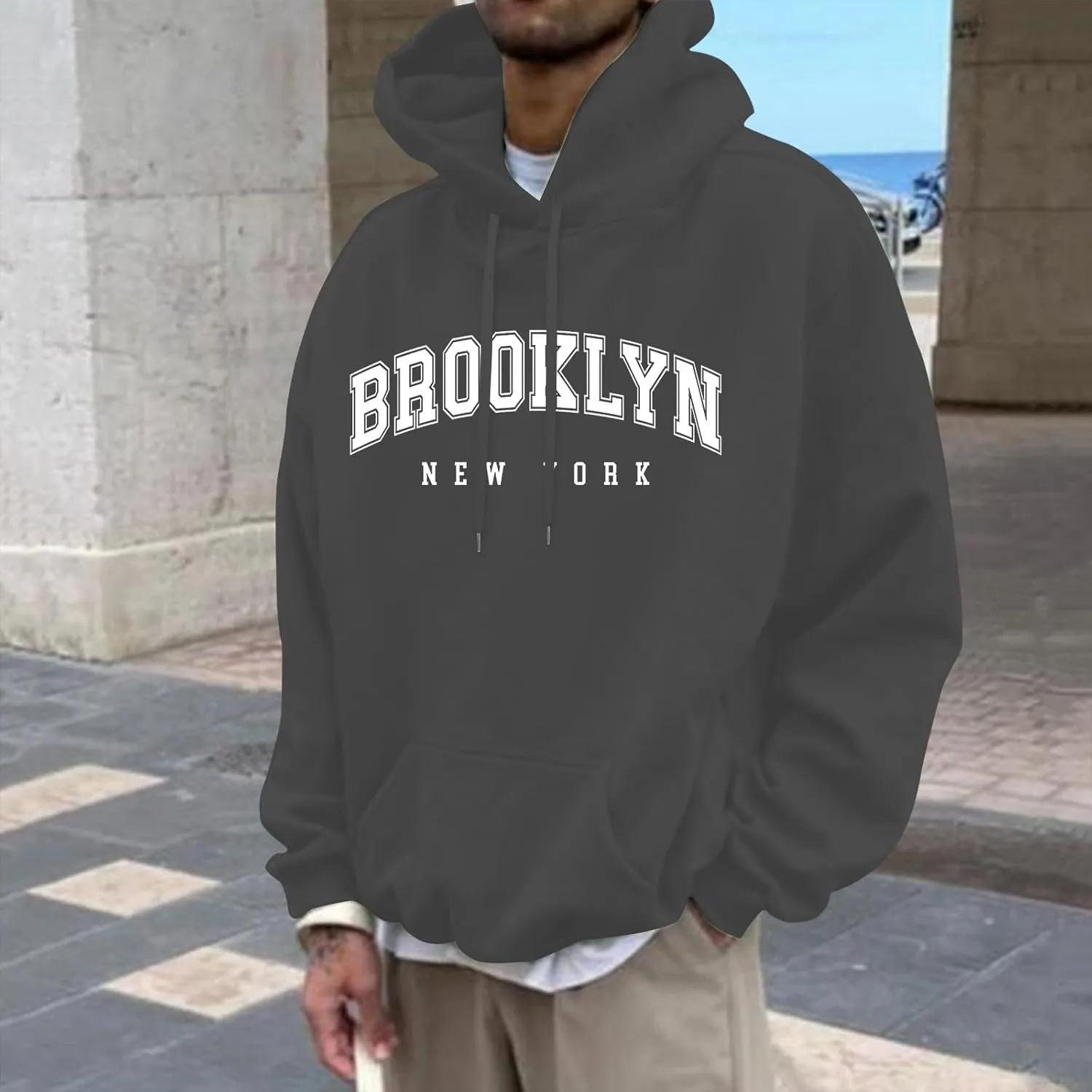 Graphic Hoodies for Men Letter Print Oversized Sweatshirts Long Sleeve Drawstring Pullover Tops with Pockets Unisex