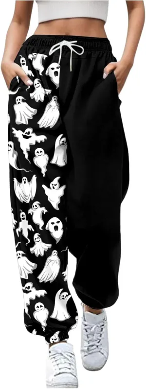 Halloween Sweatpants for Women Cinch Bottom Ghost Print Fleece Joggers Drawstring High Waist Workout Pants Pockets