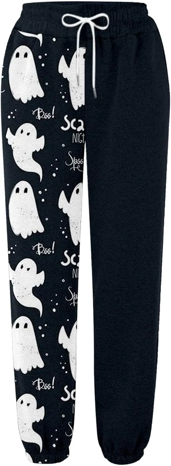 Halloween Sweatpants for Women Cinch Bottom Ghost Print Fleece Joggers Drawstring High Waist Workout Pants Pockets