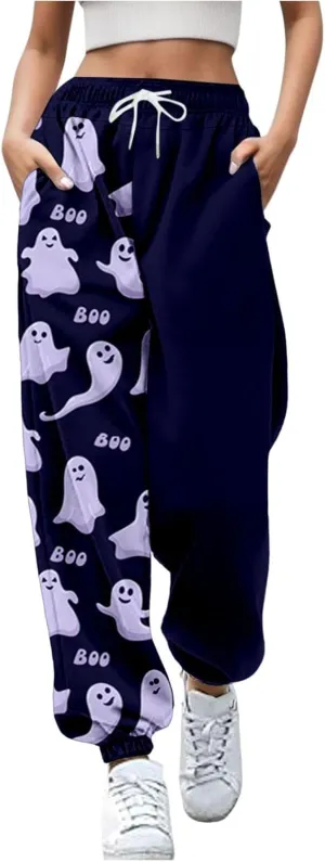 Halloween Sweatpants for Women Cinch Bottom Ghost Print Fleece Joggers Drawstring High Waist Workout Pants Pockets