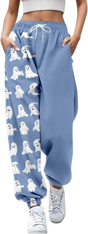 Halloween Sweatpants for Women Cinch Bottom Ghost Print Fleece Joggers Drawstring High Waist Workout Pants Pockets