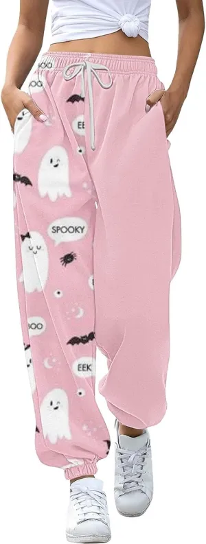 Halloween Sweatpants for Women Cinch Bottom Ghost Print Fleece Joggers Drawstring High Waist Workout Pants Pockets