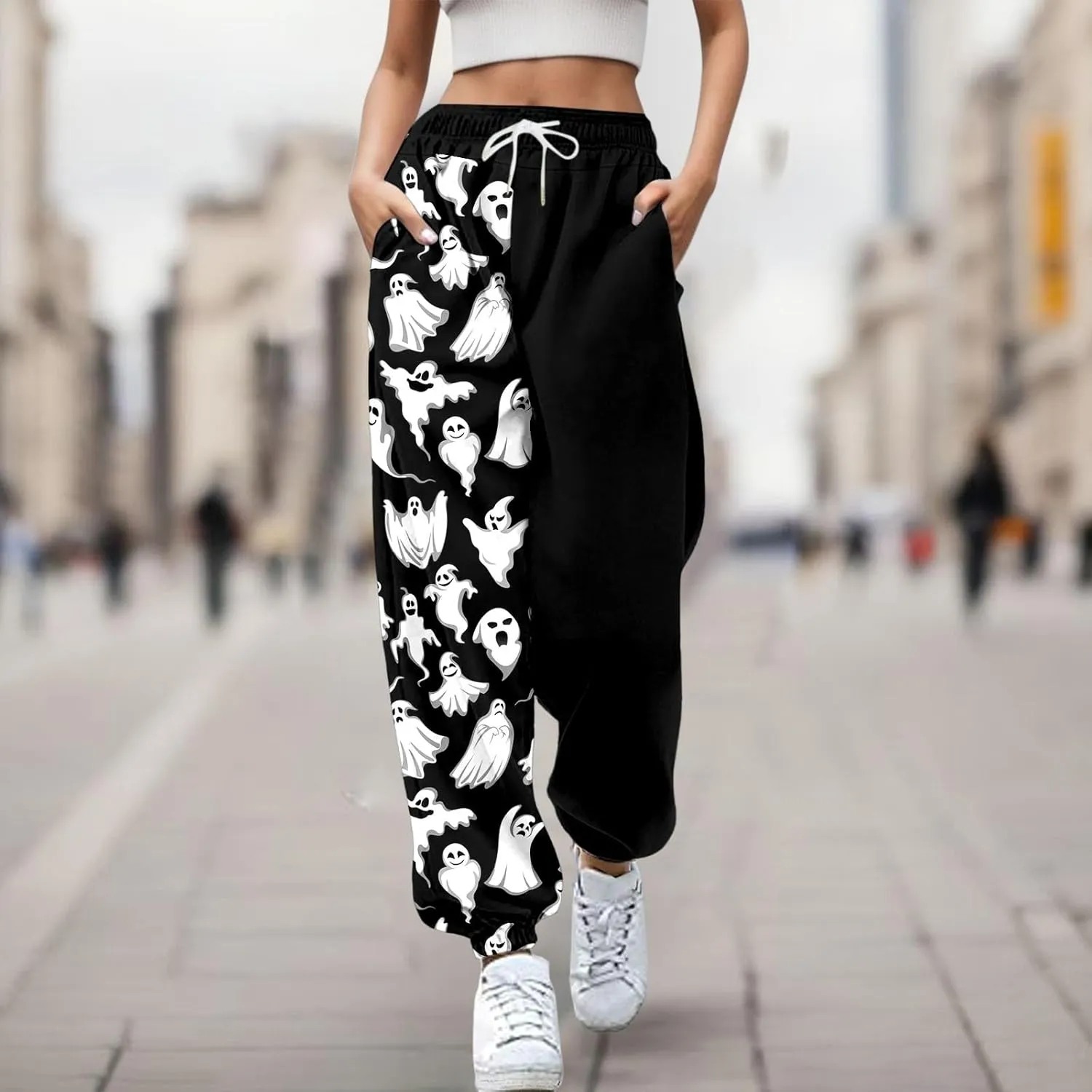 Halloween Sweatpants for Women Cinch Bottom Ghost Print Fleece Joggers Drawstring High Waist Workout Pants Pockets