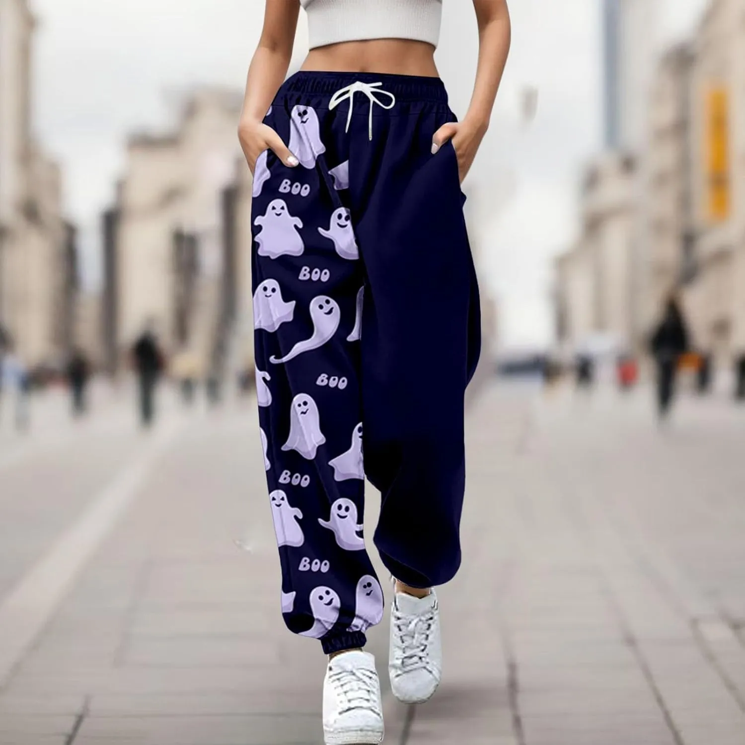 Halloween Sweatpants for Women Cinch Bottom Ghost Print Fleece Joggers Drawstring High Waist Workout Pants Pockets
