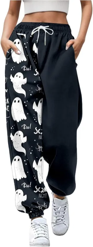 Halloween Sweatpants for Women Cinch Bottom Ghost Print Fleece Joggers Drawstring High Waist Workout Pants Pockets
