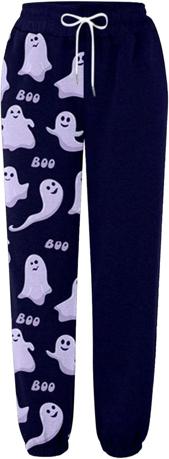 Halloween Sweatpants for Women Cinch Bottom Ghost Print Fleece Joggers Drawstring High Waist Workout Pants Pockets