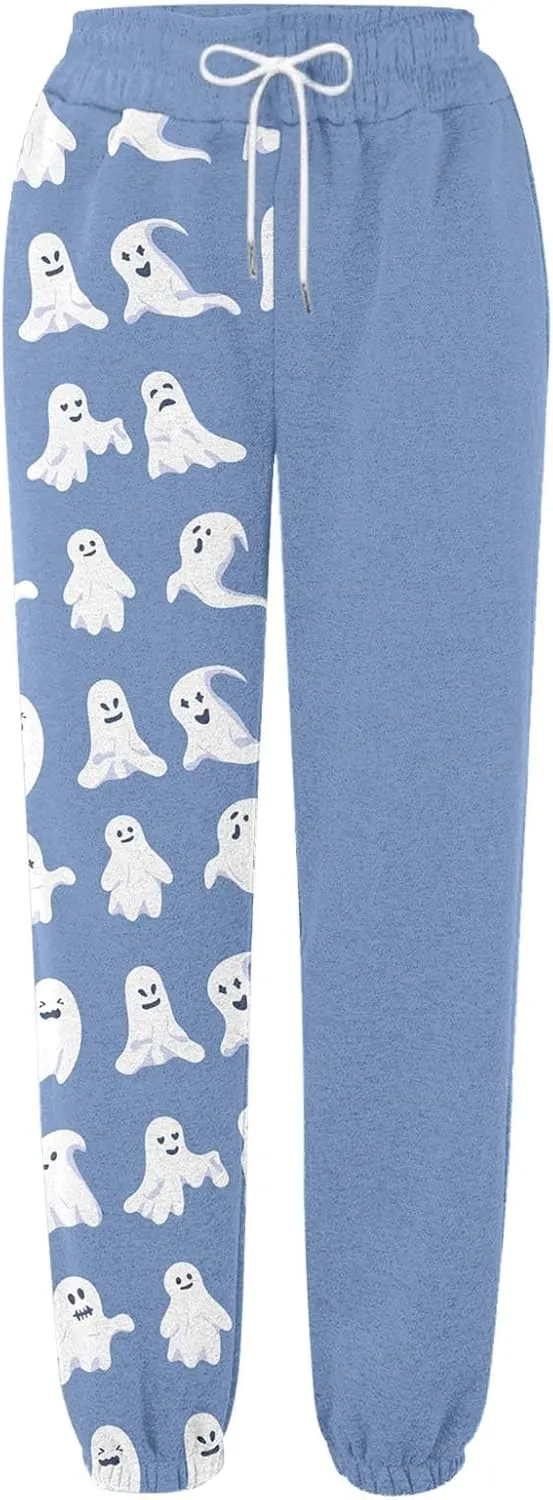 Halloween Sweatpants for Women Cinch Bottom Ghost Print Fleece Joggers Drawstring High Waist Workout Pants Pockets