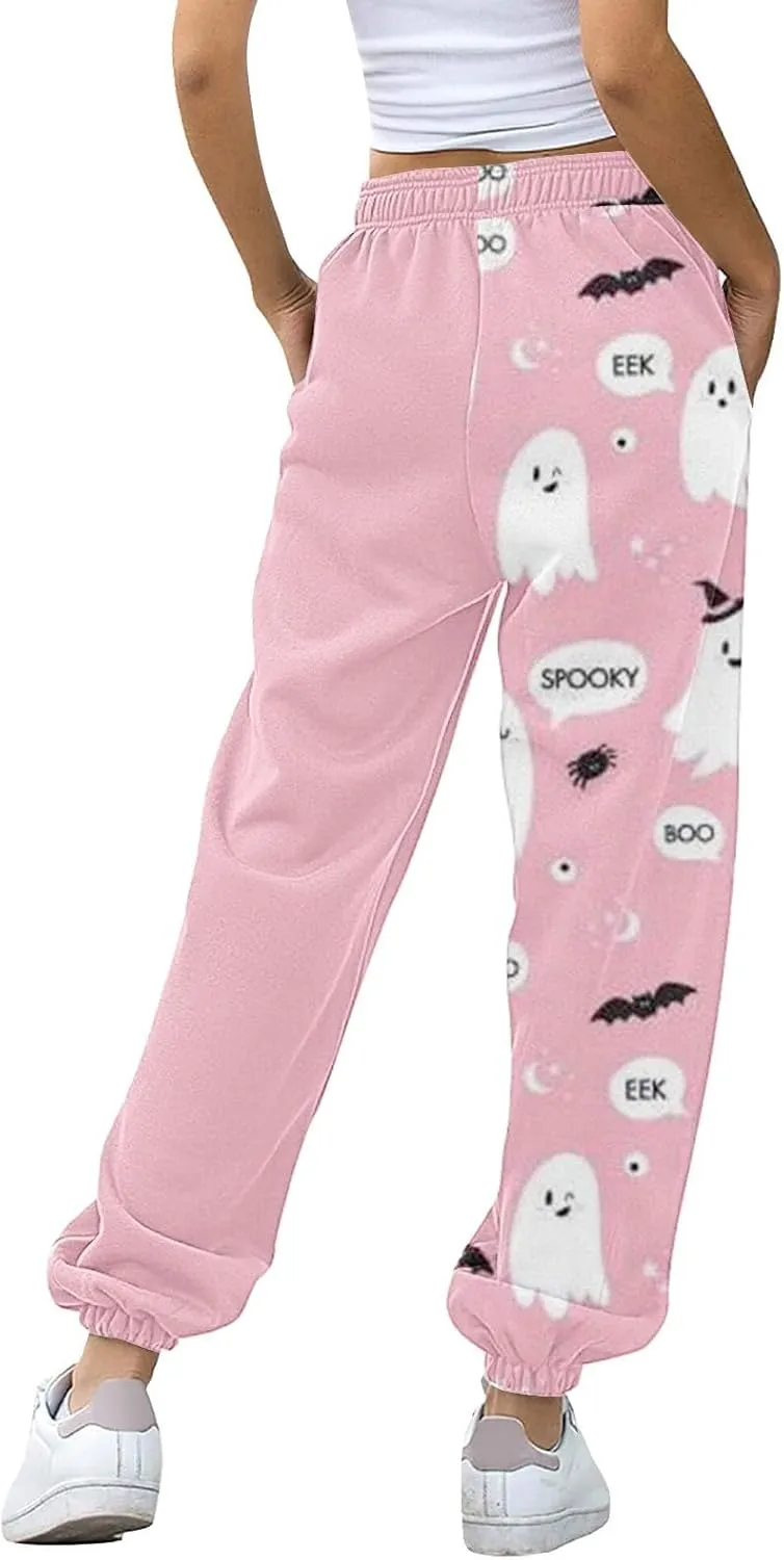 Halloween Sweatpants for Women Cinch Bottom Ghost Print Fleece Joggers Drawstring High Waist Workout Pants Pockets