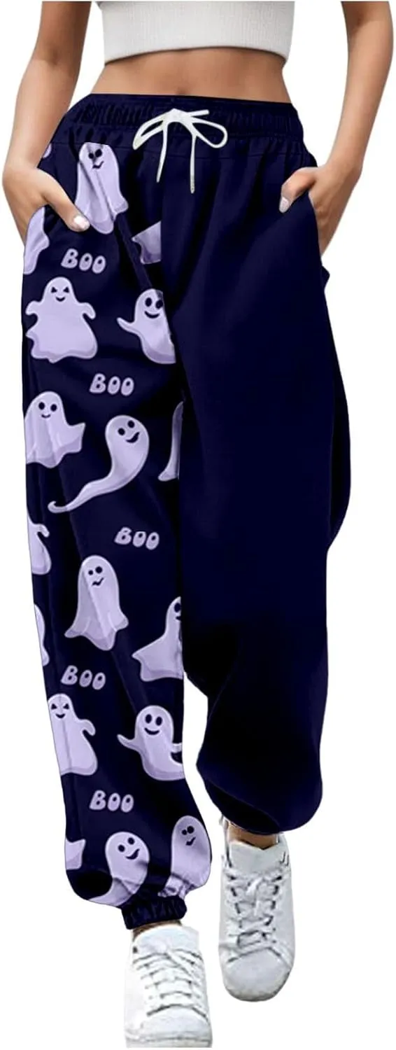 Halloween Sweatpants for Women Cinch Bottom Ghost Print Fleece Joggers Drawstring High Waist Workout Pants Pockets