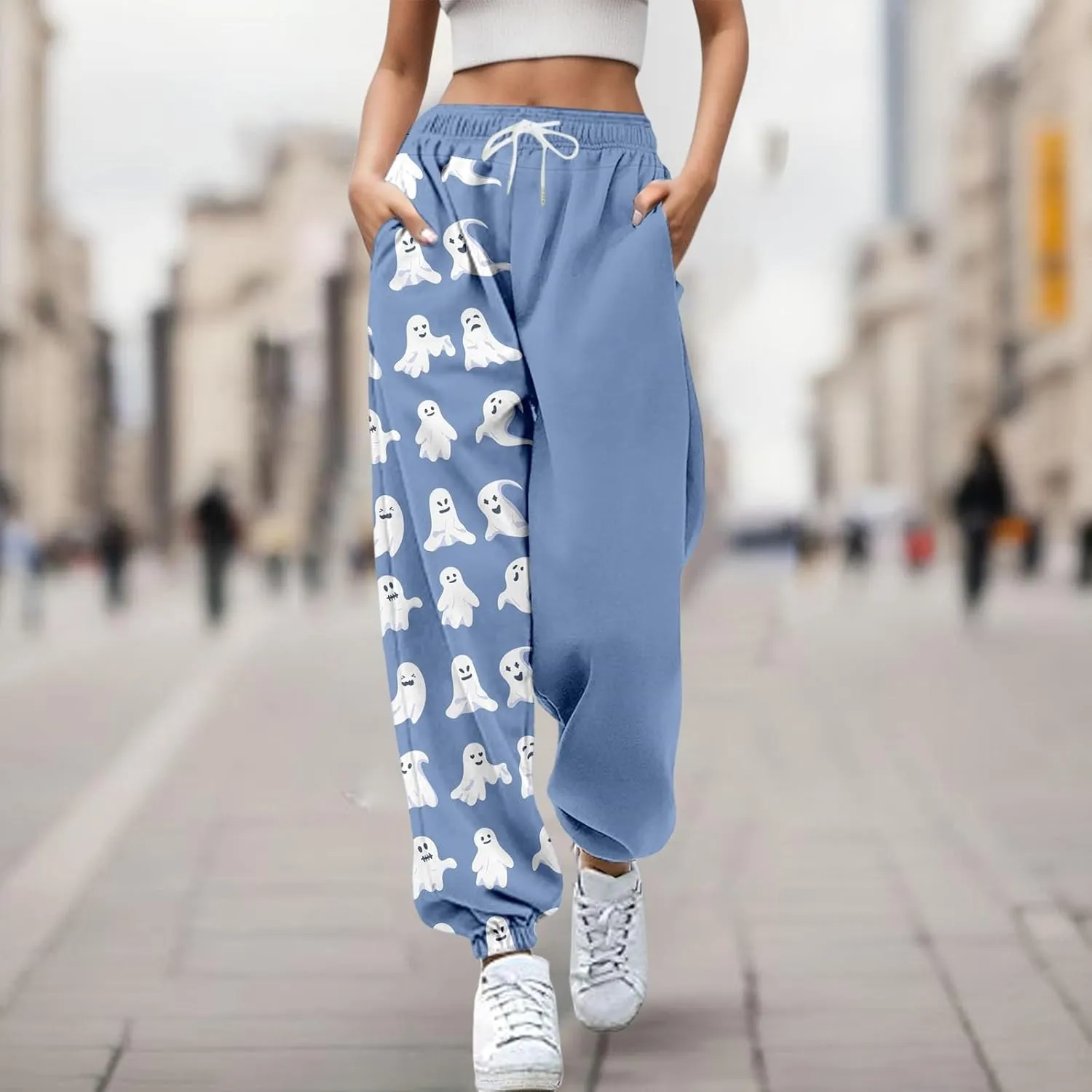 Halloween Sweatpants for Women Cinch Bottom Ghost Print Fleece Joggers Drawstring High Waist Workout Pants Pockets