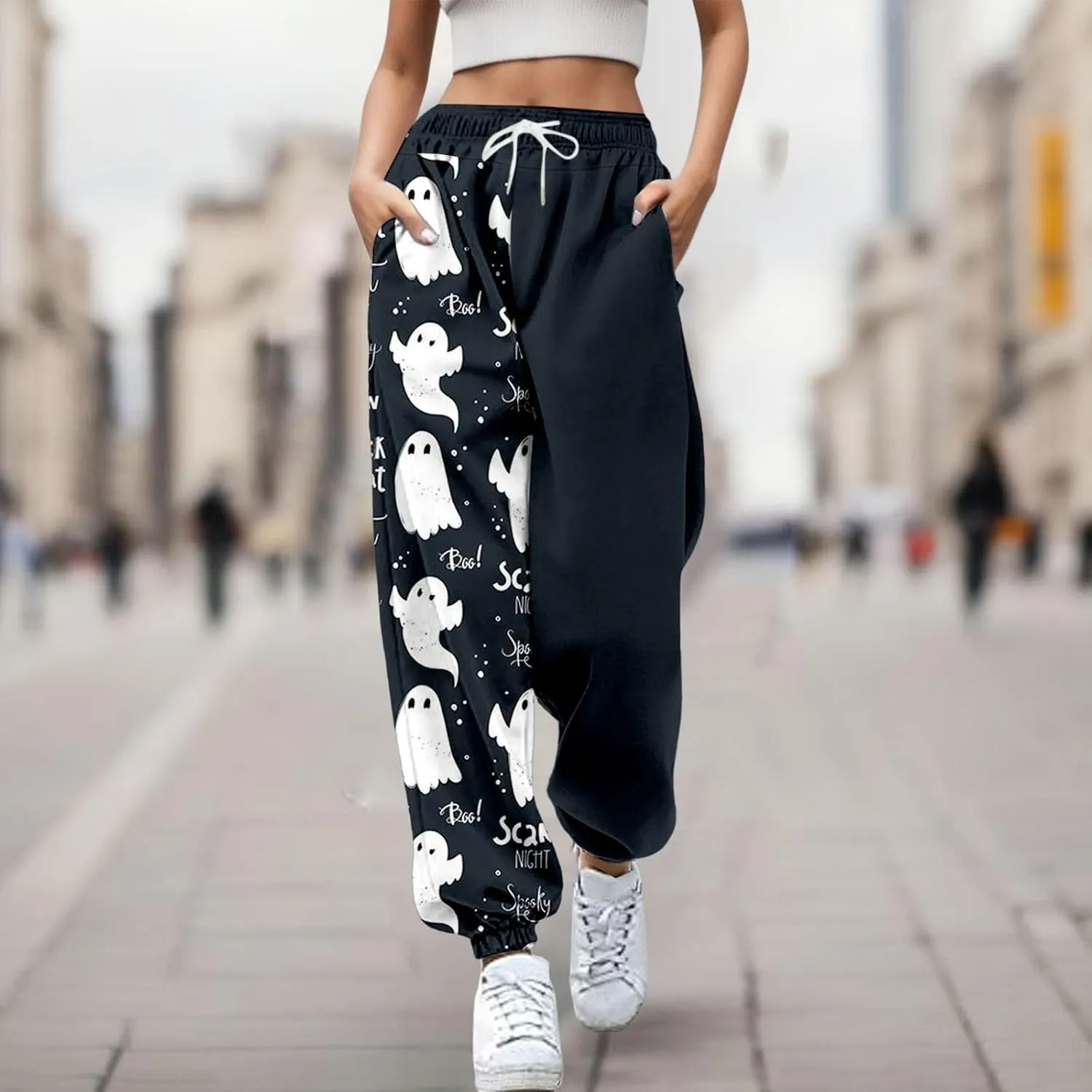 Halloween Sweatpants for Women Cinch Bottom Ghost Print Fleece Joggers Drawstring High Waist Workout Pants Pockets