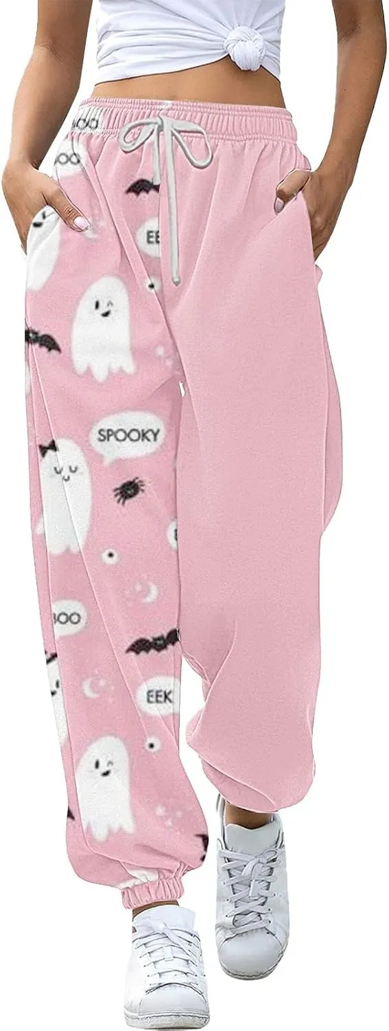 Halloween Sweatpants for Women Cinch Bottom Ghost Print Fleece Joggers Drawstring High Waist Workout Pants Pockets