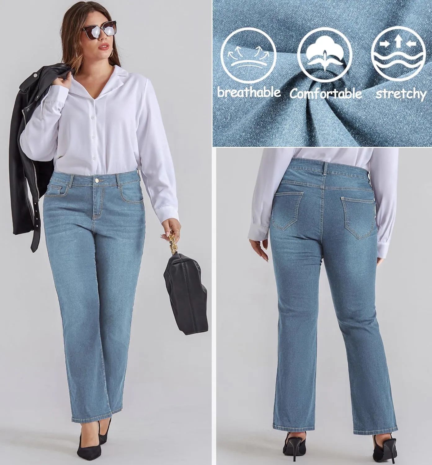 Hanna Nikole Women's Plus Size Wide Flared Jeans High Waisted Stretchy Bell Bottom Denim Jeans with Pockets