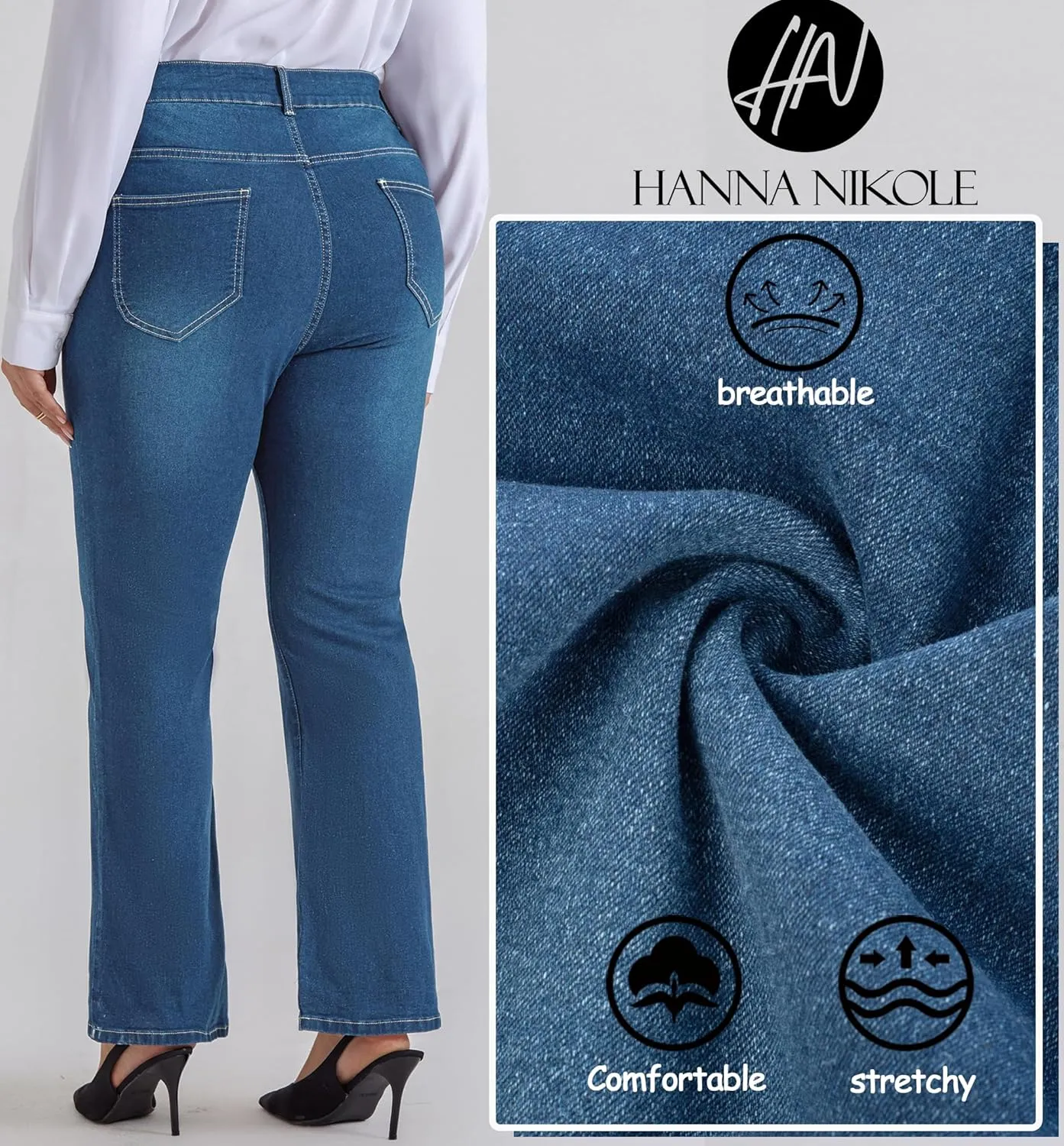 Hanna Nikole Women's Plus Size Wide Flared Jeans High Waisted Stretchy Bell Bottom Denim Jeans with Pockets