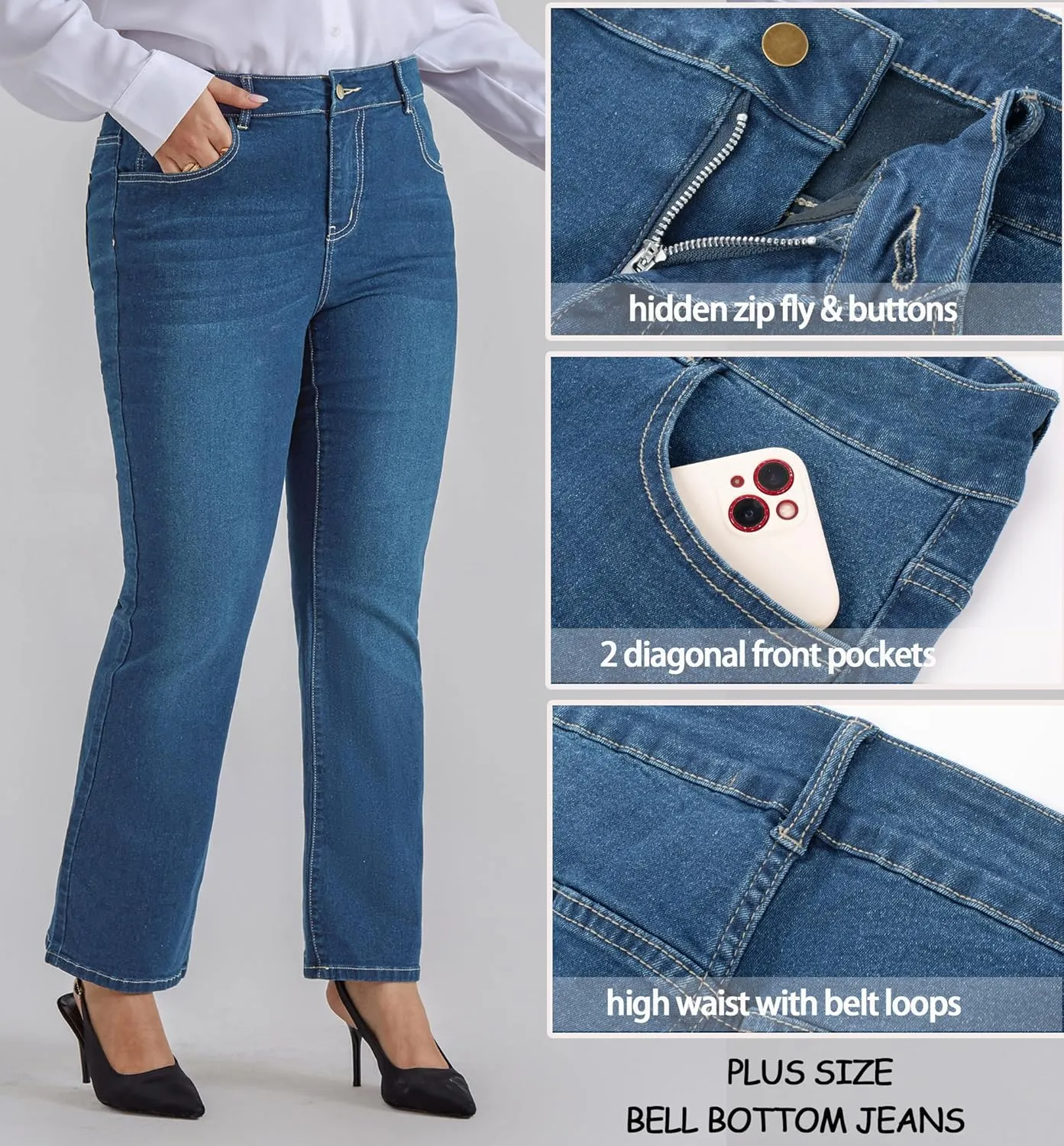 Hanna Nikole Women's Plus Size Wide Flared Jeans High Waisted Stretchy Bell Bottom Denim Jeans with Pockets