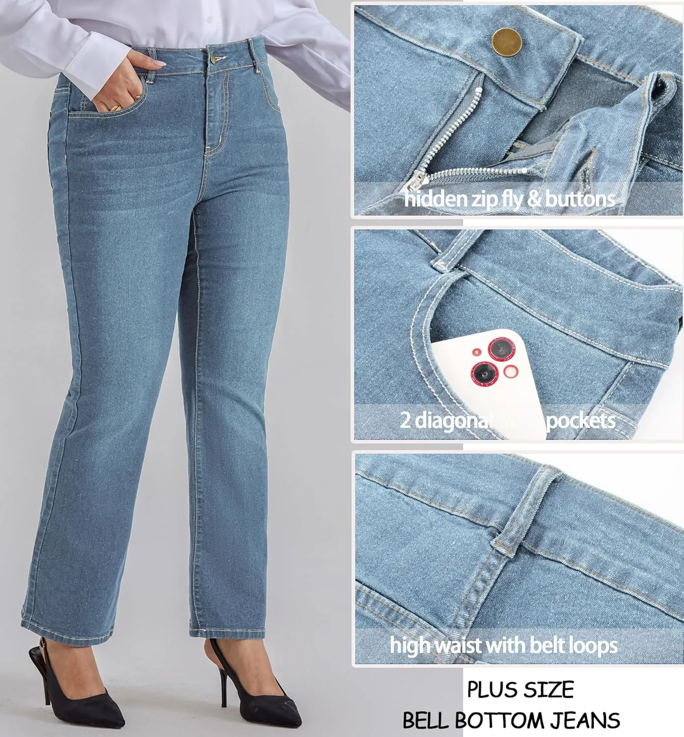 Hanna Nikole Women's Plus Size Wide Flared Jeans High Waisted Stretchy Bell Bottom Denim Jeans with Pockets