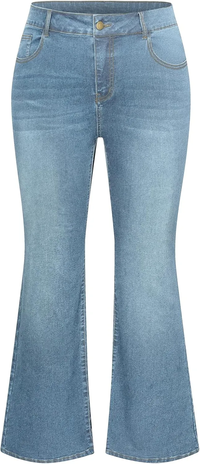 Hanna Nikole Women's Plus Size Wide Flared Jeans High Waisted Stretchy Bell Bottom Denim Jeans with Pockets