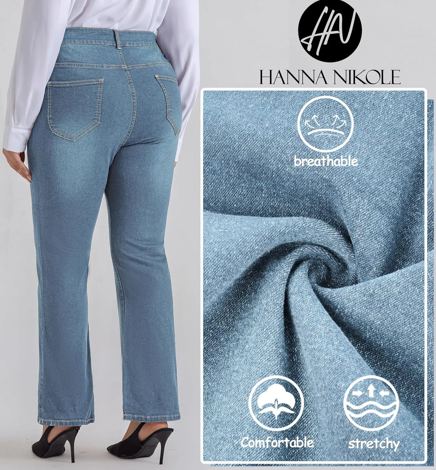 Hanna Nikole Women's Plus Size Wide Flared Jeans High Waisted Stretchy Bell Bottom Denim Jeans with Pockets