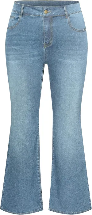 Hanna Nikole Women's Plus Size Wide Flared Jeans High Waisted Stretchy Bell Bottom Denim Jeans with Pockets