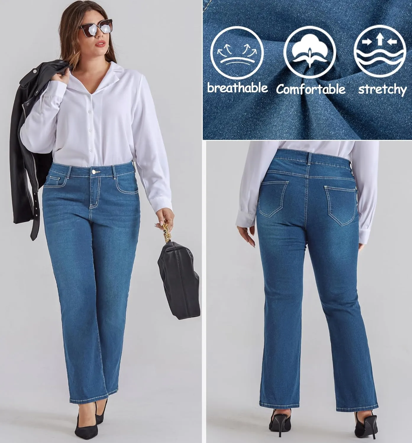 Hanna Nikole Women's Plus Size Wide Flared Jeans High Waisted Stretchy Bell Bottom Denim Jeans with Pockets