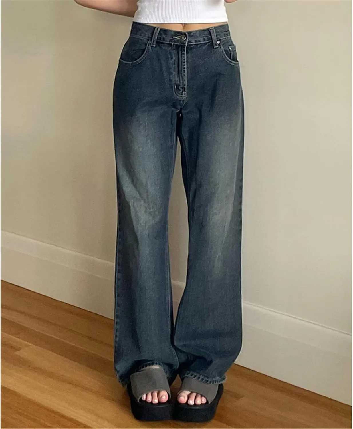 High Waist Jeans Women Baggy Jeans Straight Leg Pants Denim Trousers Vintage Loose Blue Mom Jeans