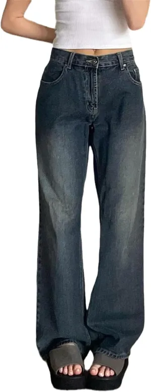 High Waist Jeans Women Baggy Jeans Straight Leg Pants Denim Trousers Vintage Loose Blue Mom Jeans
