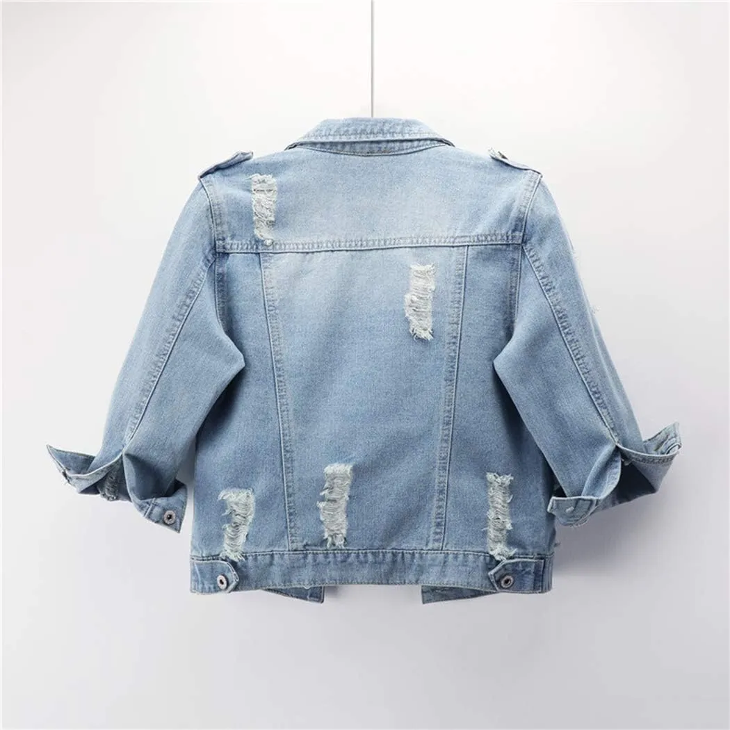 Hixiaohe Women Autumn 3/4 Sleeve Retro Short Denim Jackets Light Blue Jean Coats