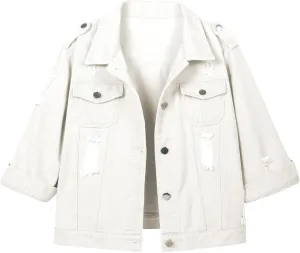 Hixiaohe Women Autumn 3/4 Sleeve Retro Short Denim Jackets Light Blue Jean Coats
