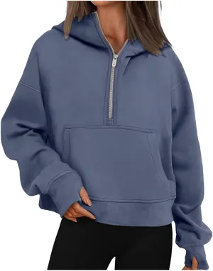 Hoodies for Women Quarter Zip Pullover Cropped Hoodies Long Sleeve Fleece Casual Half Zip Sweatshirts Fall Outfits Clothes