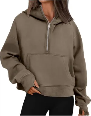 Hoodies for Women Quarter Zip Pullover Cropped Hoodies Long Sleeve Fleece Casual Half Zip Sweatshirts Fall Outfits Clothes