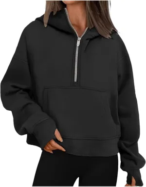 Hoodies for Women Quarter Zip Pullover Cropped Hoodies Long Sleeve Fleece Casual Half Zip Sweatshirts Fall Outfits Clothes