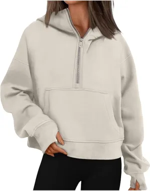 Hoodies for Women Quarter Zip Pullover Cropped Hoodies Long Sleeve Fleece Casual Half Zip Sweatshirts Fall Outfits Clothes