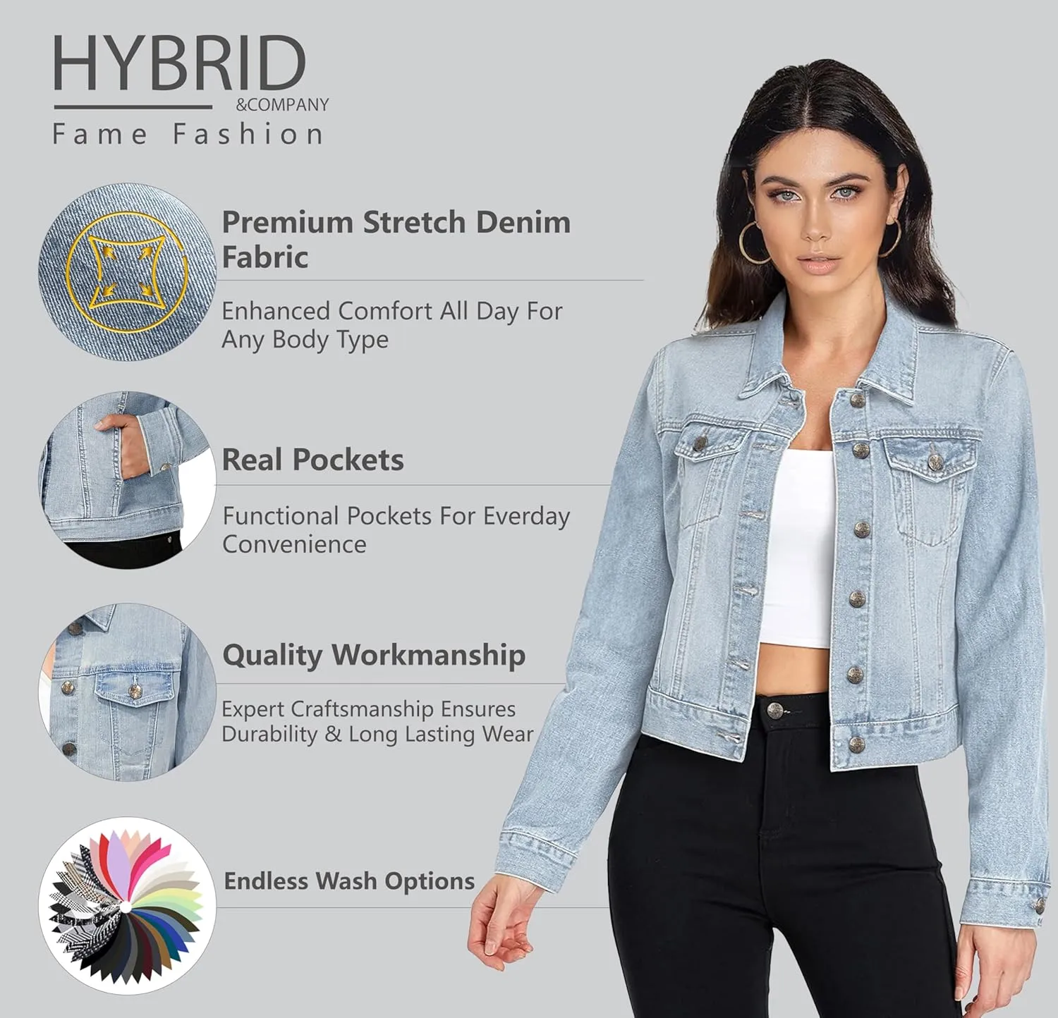 Hybrid & Company Women's Long Sleeve Denim Jackets Basic Button Down Jean Jacket with Pockets