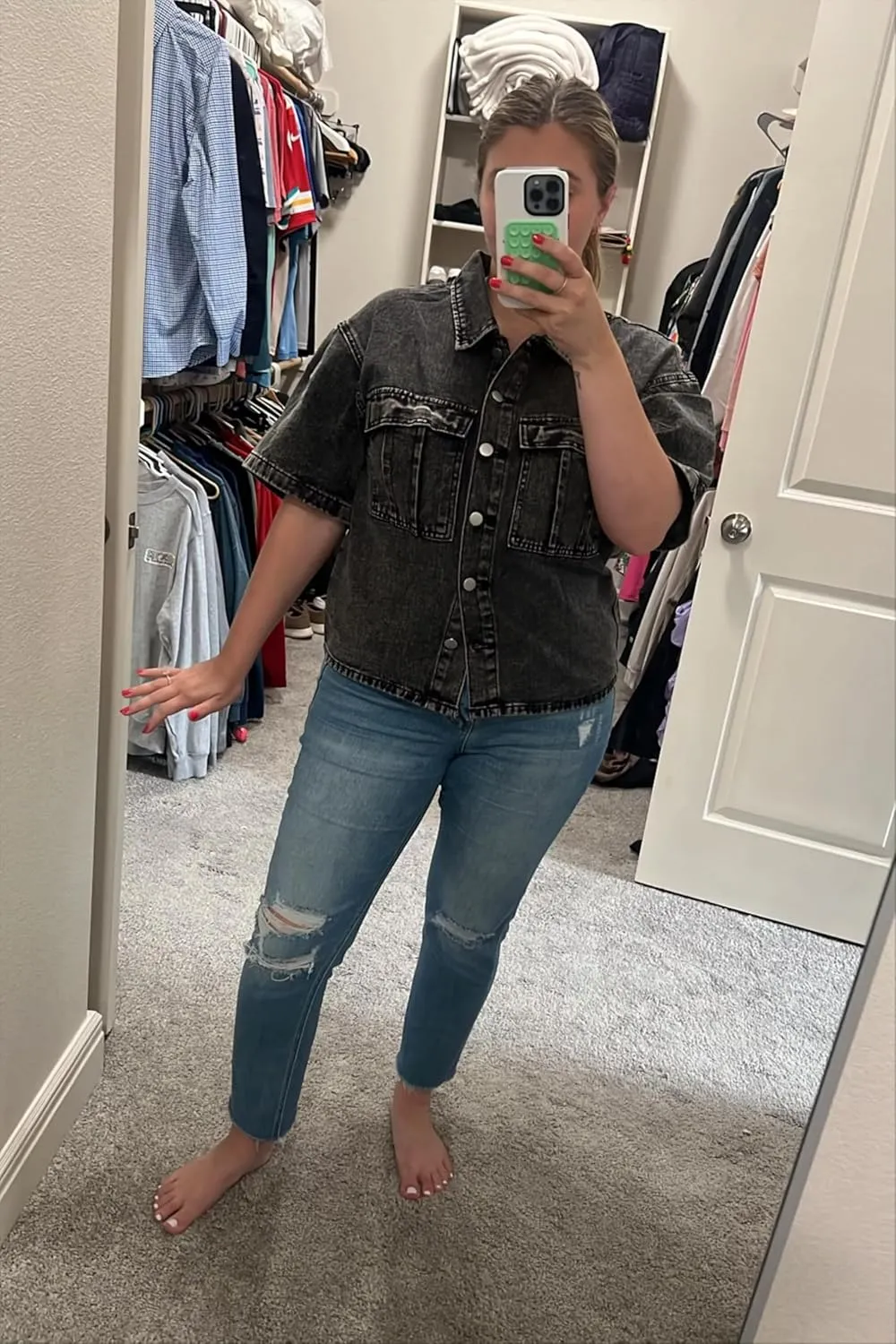 Imily Bela Womens Oversized Short Sleeve Denim Jackets Trendy Cropped Jean Tops Shackets