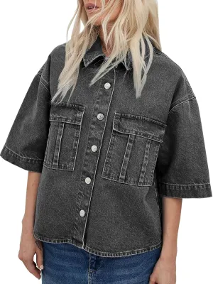 Imily Bela Womens Oversized Short Sleeve Denim Jackets Trendy Cropped Jean Tops Shackets