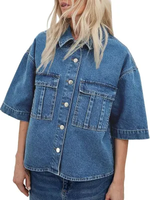 Imily Bela Womens Oversized Short Sleeve Denim Jackets Trendy Cropped Jean Tops Shackets