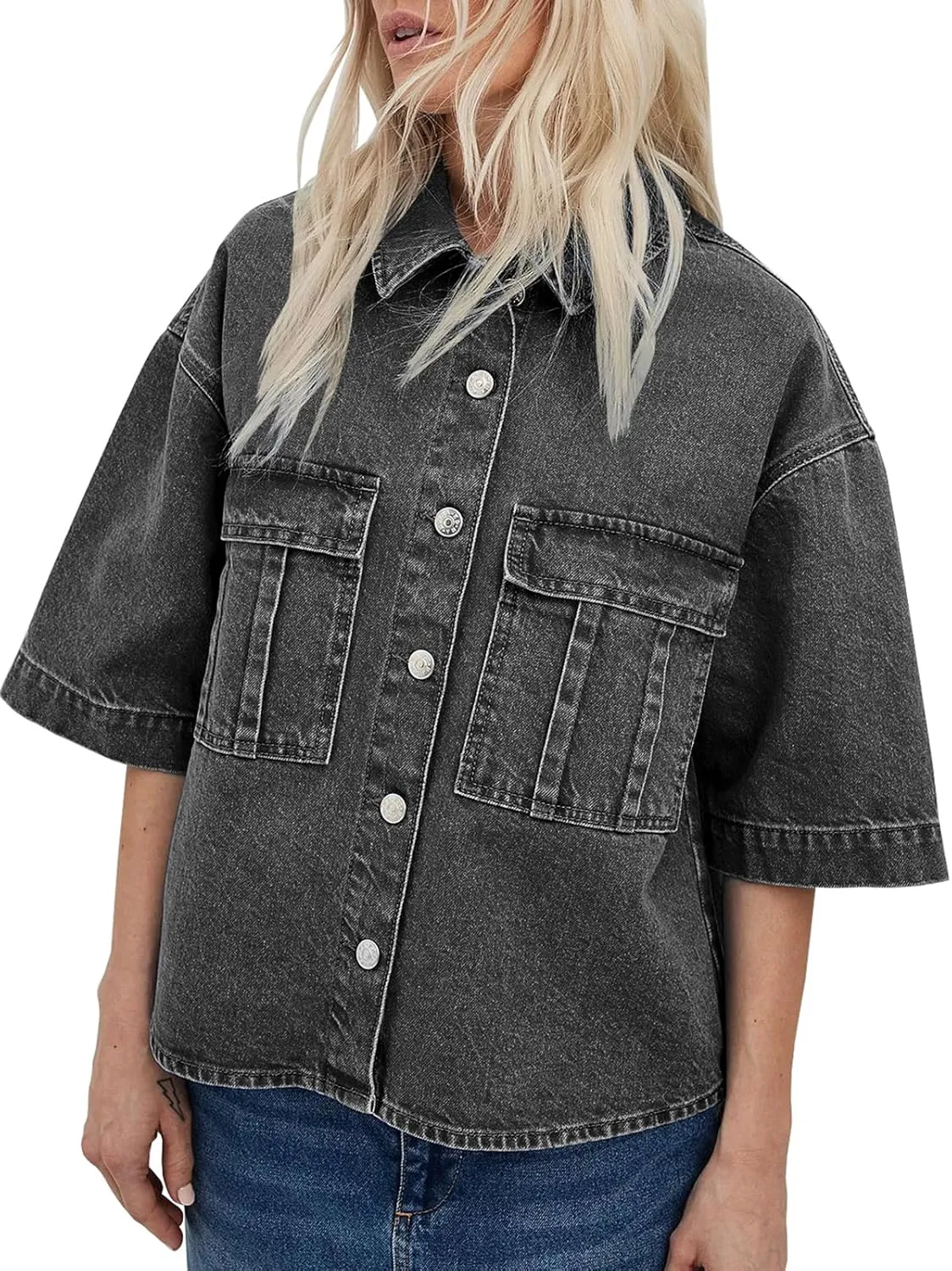 Imily Bela Womens Oversized Short Sleeve Denim Jackets Trendy Cropped Jean Tops Shackets