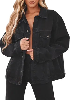 Jean Jacket for Women Distressed Long Sleeve Oversized Denim Trucker Jackets Coat