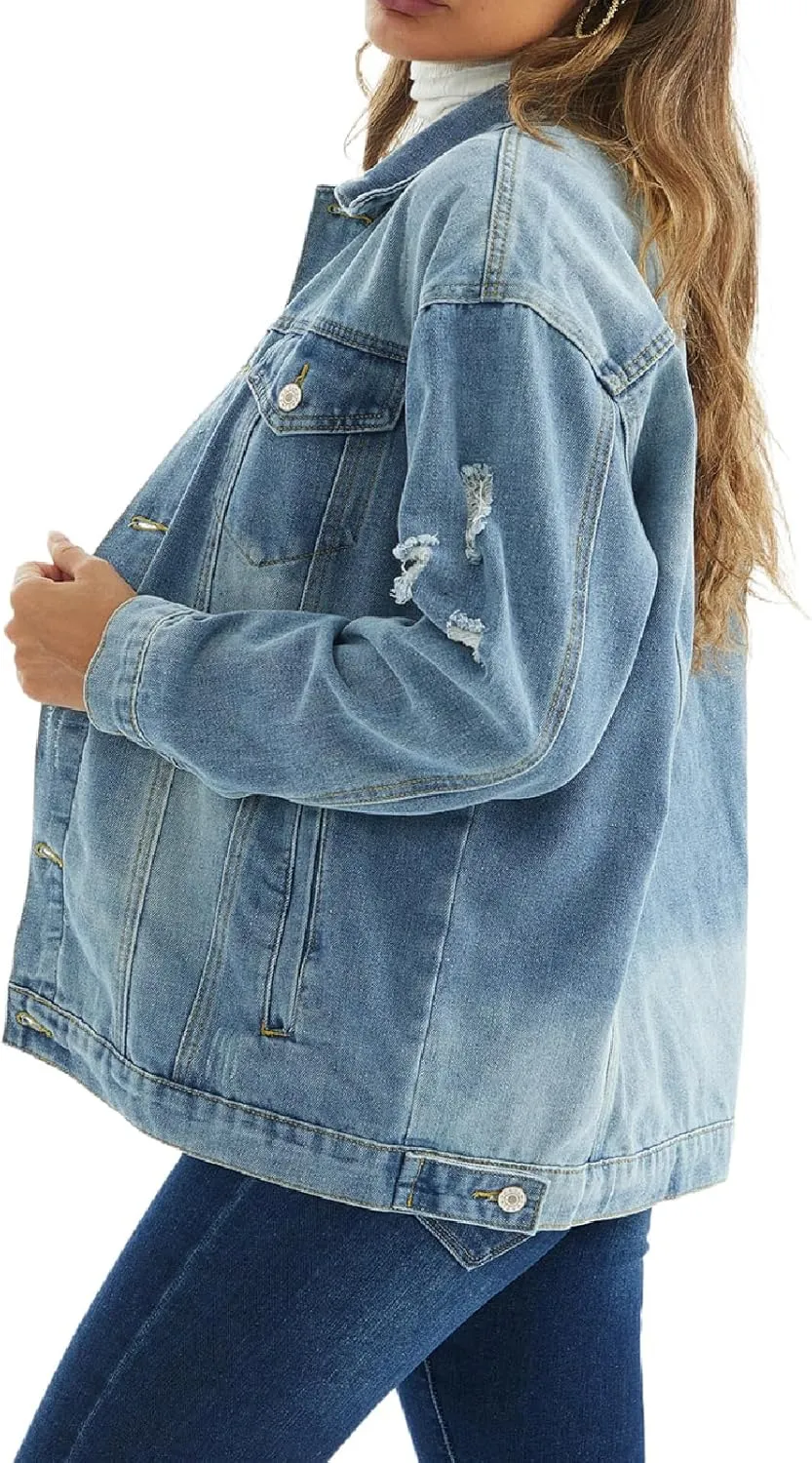 Jean Jacket for Women Distressed Long Sleeve Oversized Denim Trucker Jackets Coat