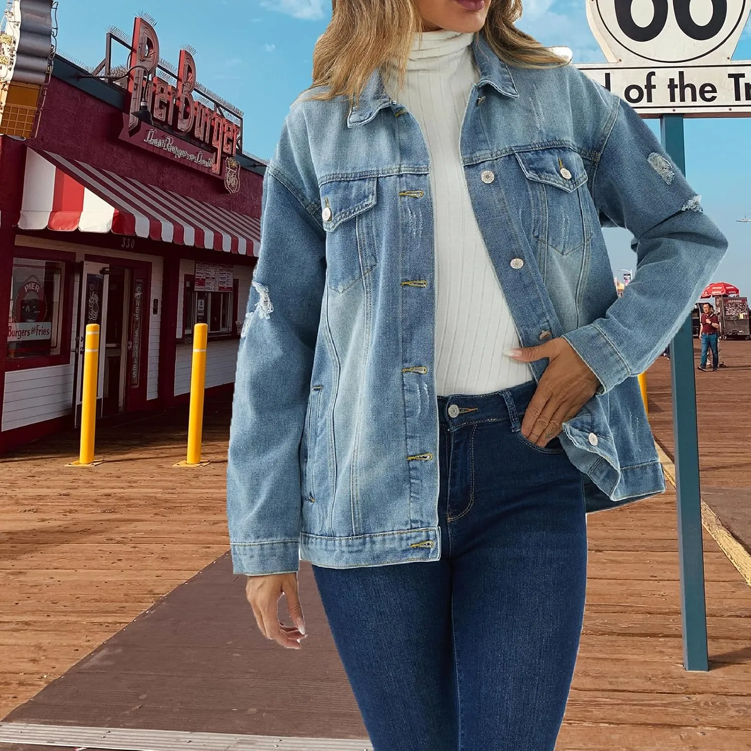 Jean Jacket for Women Distressed Long Sleeve Oversized Denim Trucker Jackets Coat