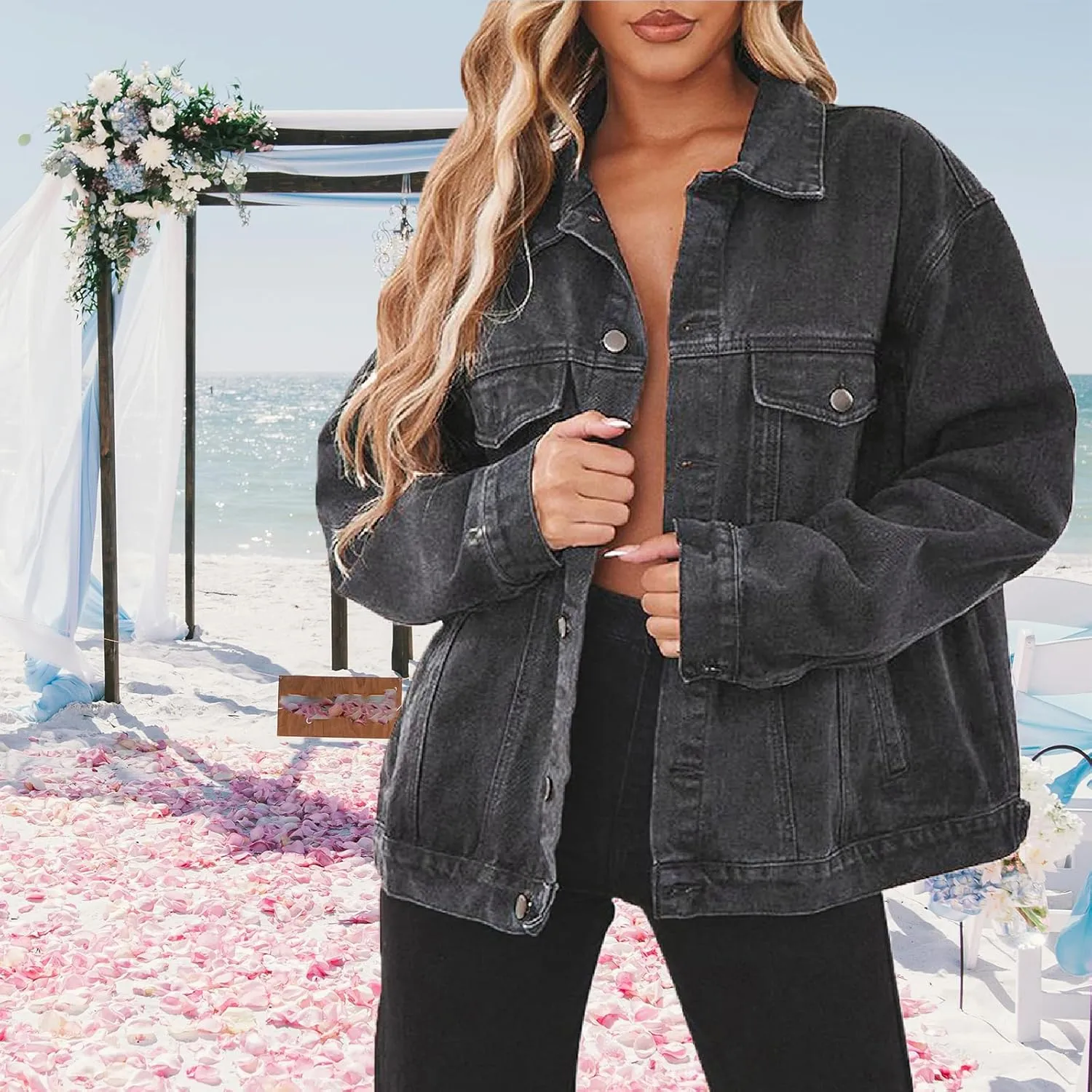 Jean Jacket for Women Distressed Long Sleeve Oversized Denim Trucker Jackets Coat