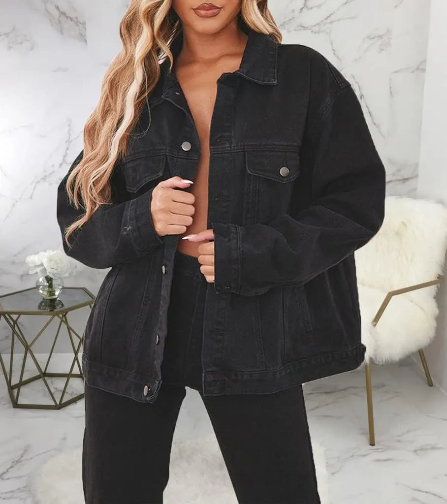 Jean Jacket for Women Distressed Long Sleeve Oversized Denim Trucker Jackets Coat