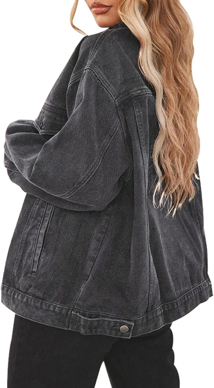 Jean Jacket for Women Distressed Long Sleeve Oversized Denim Trucker Jackets Coat