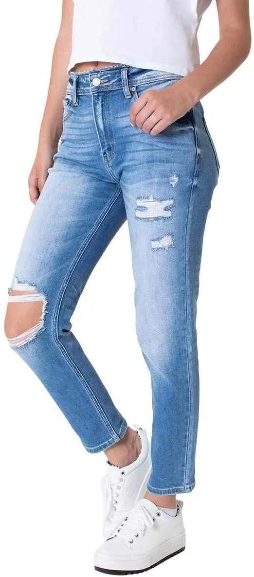 Kancan Women's High Rise Distressed Mom Jeans - KC9198L