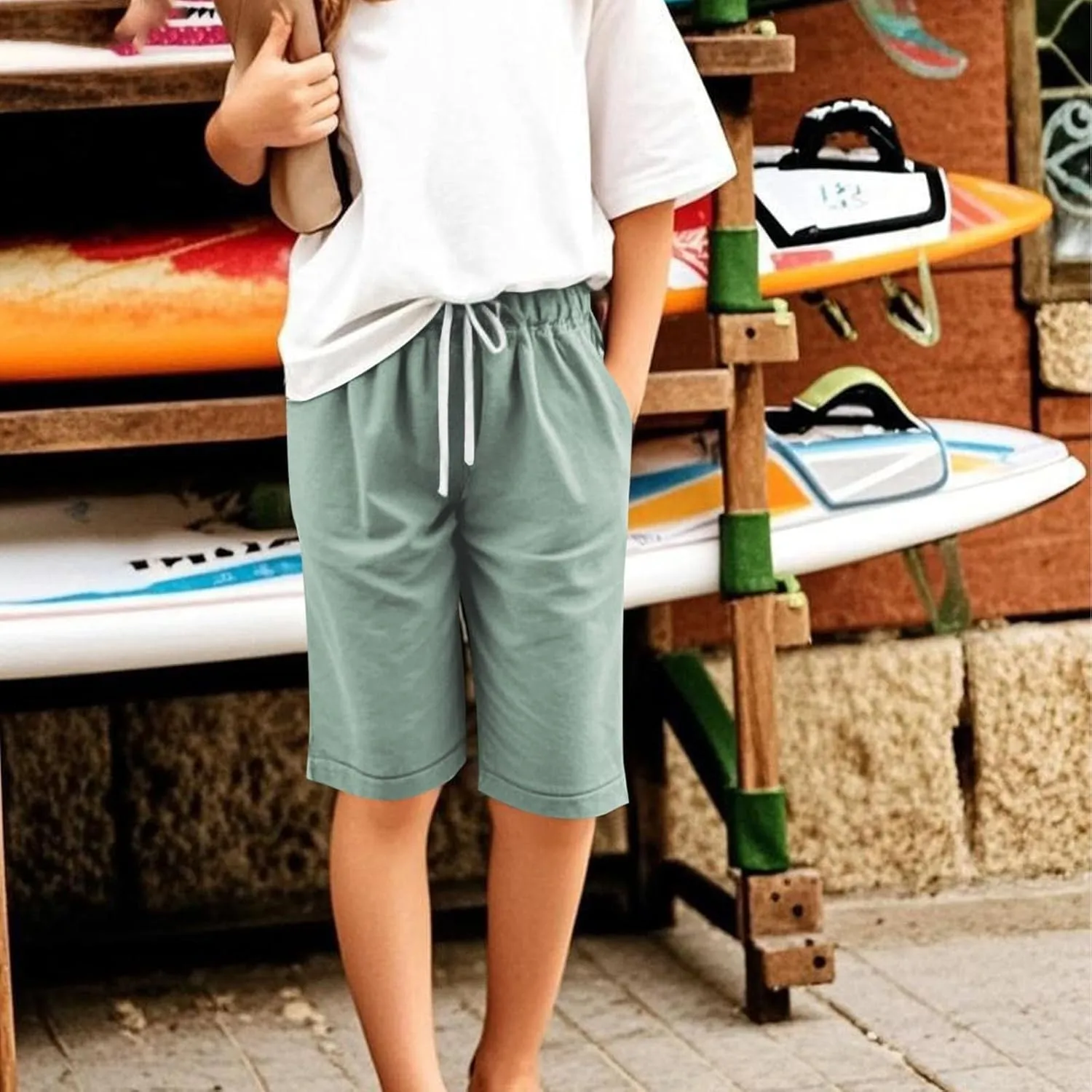 Kids Girls Baggy Wide Leg Casual Capris Pants Teen Drawstring Elastic Waist Cropped Trousers Summer Straight Comfy