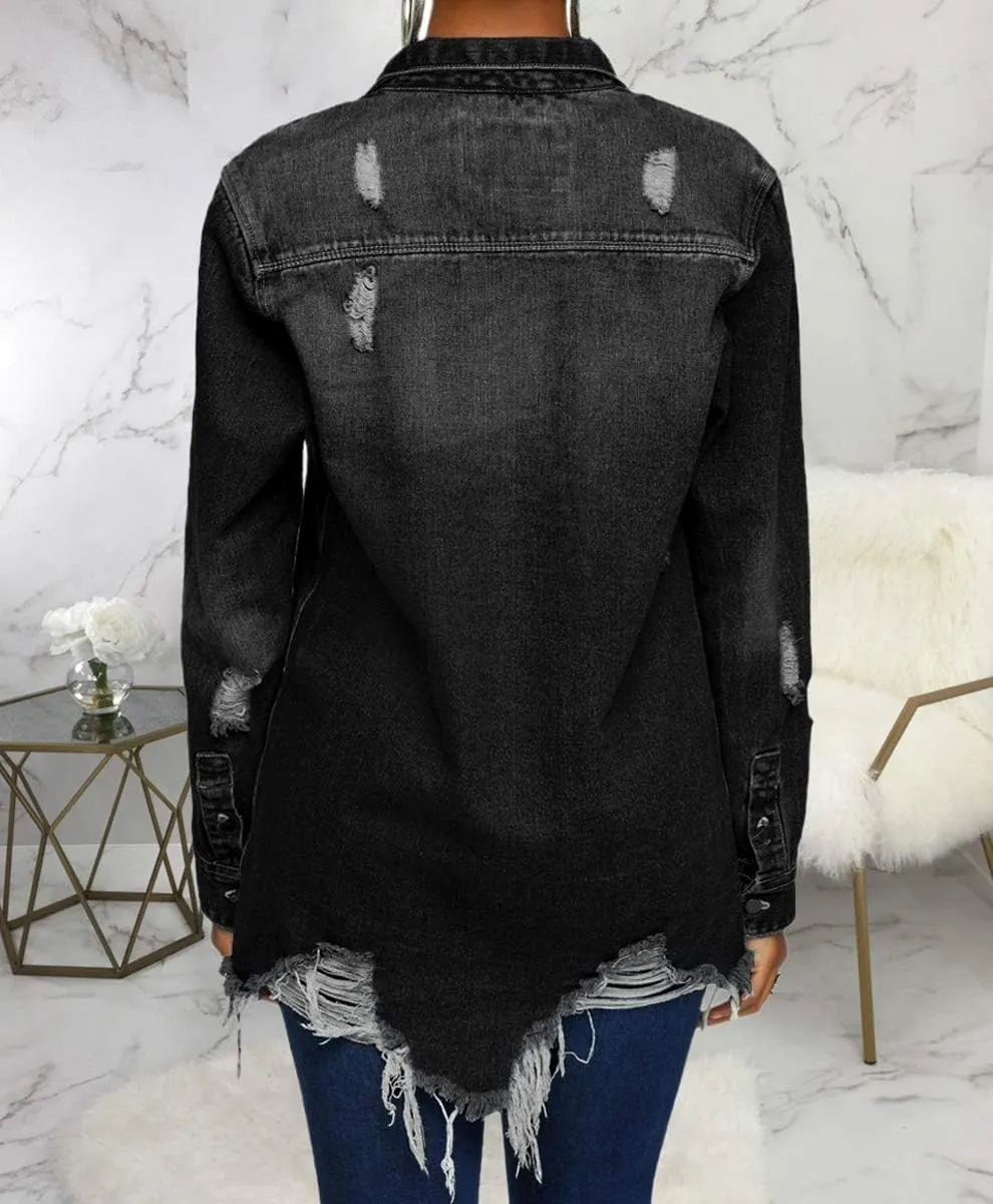 LaiyiVic Denim Jacket for Women Winter Long Sleeve Classic Distressed Butterfly Jean Trucker Jackets